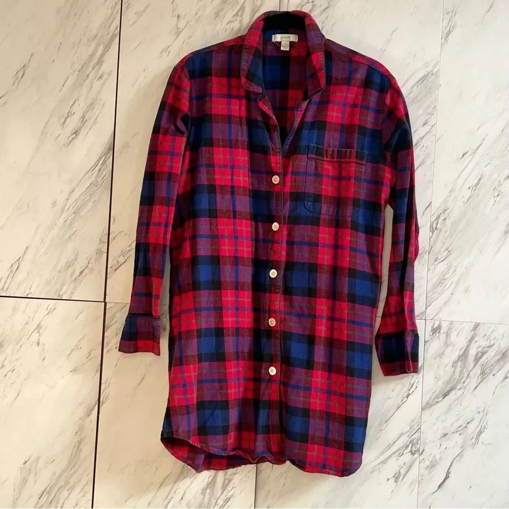 3/$50 J Crew Plaid Vintage Red Blue Cotton Button Down Flannel Shirt Tunic Small